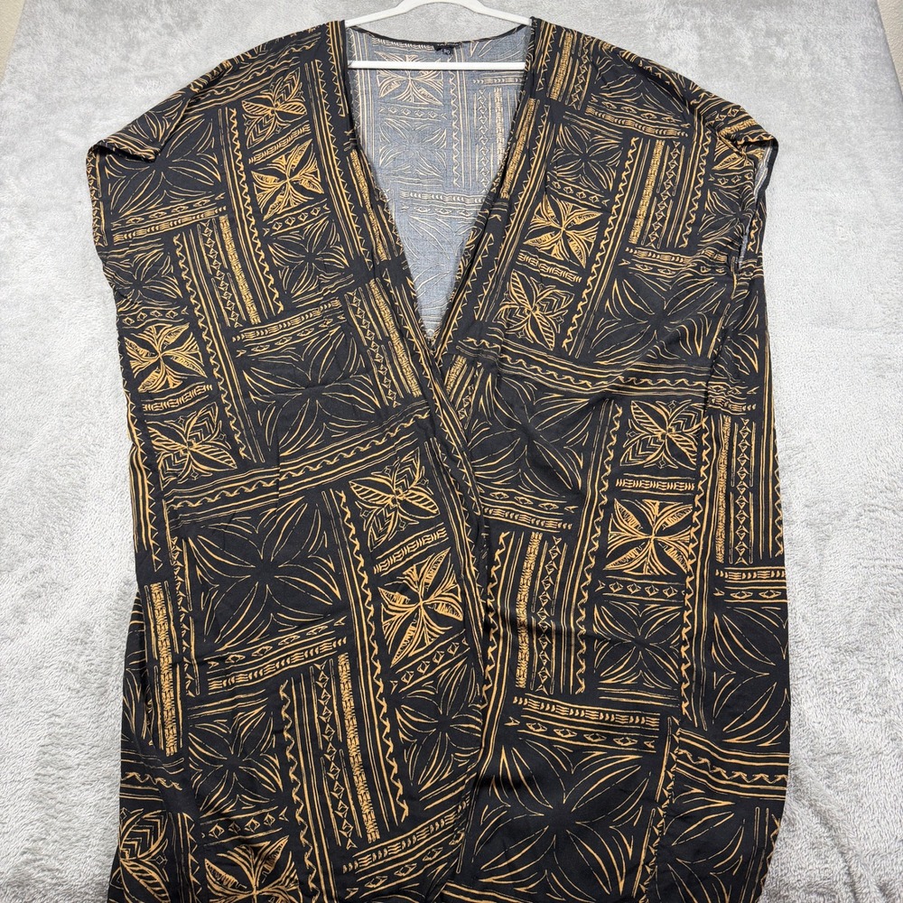 Tanoa Sleeveless Cardigan Women OS Black Gold Tribal Print Rayon Polynesian